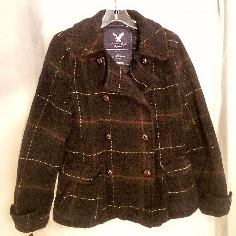 American Eagle Outfitters Navy Plaid Pea Coat